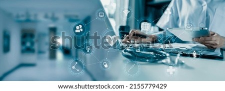 Double exposure of healthcare And Medicine concept. Doctor and modern virtual screen interface, blurred background.