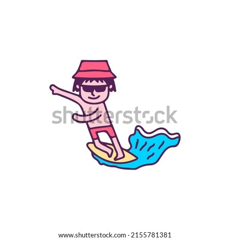 Cool boy in bucket hat surfing, illustration for t-shirt, sticker, or apparel merchandise. With doodle, retro, and cartoon style.