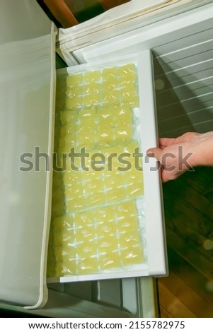 Woman's hands stack bags for ice cubes with lemon juice in the freezer. Freshly squeezed lemon juice is frozen in portions to make lemonade.