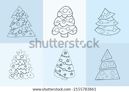 A set of hand-drawn christmas trees. Vector illustration in doodle style. Winter mood. Hello 2023. Merry Christmas and Happy New Year. Gray elements on a blue background.