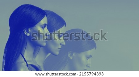 bipolar mental disorder. Double face. Split personality. Conceptual mood disorder. Dual personality concept. 3 silhouettes of a female head. mental health. Imagination. Royalty-Free Stock Photo #2155794393