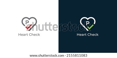 Heart Check Logo Concept sign icon symbol Design with Letter P. Heart and Checkmark Combination. Vector illustration logo template