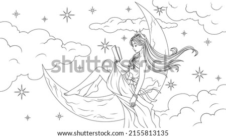 Vector illustration, a cute beautiful fairy girl in a beautiful dress sits on the moon moon, reads a book, book coloring.