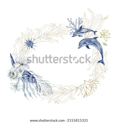 Marine frame with seaweeds, coral and dolphins. Watercolor illustration.