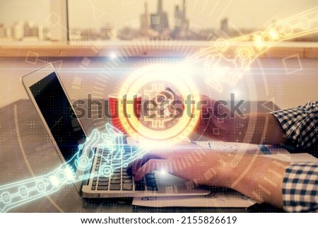 Double exposure of man hands holding a credit card and crypto business theme drawing. Digital blockchain and E-commerce concept.