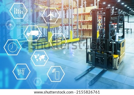 Technology fulfillment. Forklift in logistics warehouse. Fulfillment symbols next to forklift. Racks with boxes in warehouse. Goods fulfillment services. Storage and transportation of orders Royalty-Free Stock Photo #2155826761