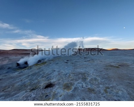 Morning sun Geyser (Sol de Mañana Geyser) (geothermal and eruption area) in Eduardo Avaroa National Reserve (Bolivia) Royalty-Free Stock Photo #2155831725