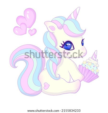 Cute unicorn with horn cupcake vector illustration with pretty hearts.