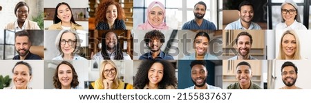 A lot of multiethnic people looking at camera, collage of diverse colleagues, horizontal banner, multiracial workteam mosaic, crowded screen with international employees, video call screen, header