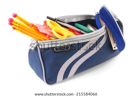 Bag with school tools on white background.
