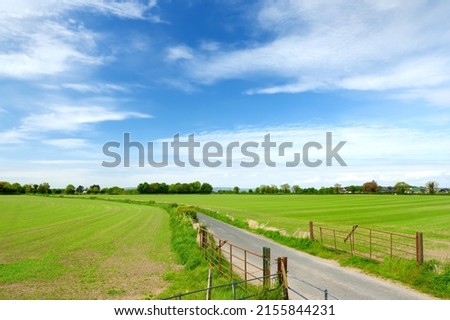 Scenic view of endless lush pastures and farmlands of Ireland. Beautiful Irish countryside with emerald green fields and meadows. Rural landscape.