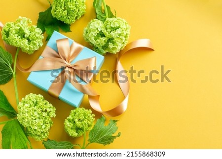 Image of a refreshing gift with a plain yellow background, a blue gift and a green viburnum Father's Day