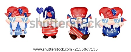 Digital painting watercolor gnomes element.the holiday Independence Day of American,USA,4th of July.cartoon character hand drawn illustration.isolated gnome on white background.design for scrapbook