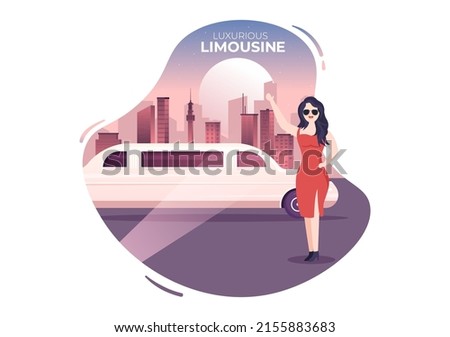VIP Limousine Car of Red Carpet for Celebrity Superstar Walk with Night City Landscape View in Flat Cartoon Illustration