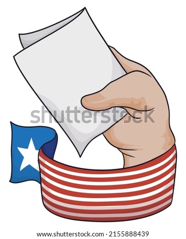 American design in a ribbon wrapping a wrist with hand holding a folded vote, ready to elections season.