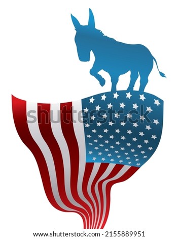 Design with blue donkey silhouette standing in the top of waving U.S.A. flag in vertical position.