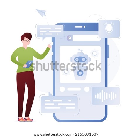 A talking robot inside mobile, flat illustration of virtual assistant 

