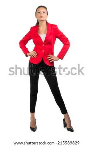 Businesswoman in red jacket - isolated photo on white background