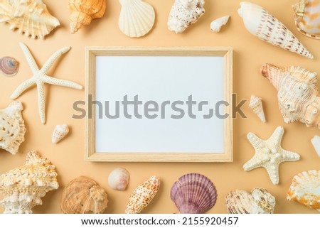 Frame mock up with seashell and starfish. Summer vacation concept. Top view, flat lay