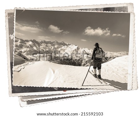 Black and white photos with skier with traditional old wooden skis