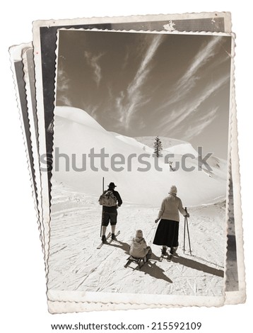 Black and white photos, Vintage photos with Man and woman with old wooden skis and child on sled 