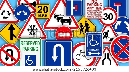 Collection of different traffic signs on turquoise background. Banner design