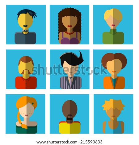 Vector Illustration of Different faces of people for avatar, profile page, for app Design, Website, Background Banner. Men, Women Characters Template. Set of flat people icons.