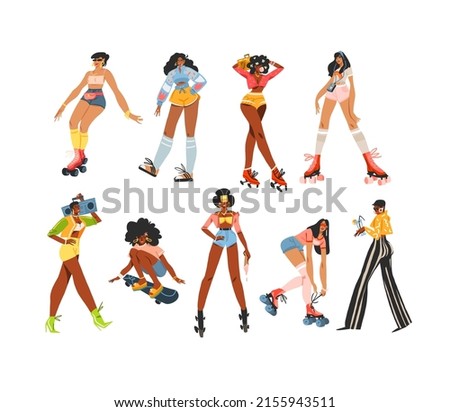 Hand drawn vector abstract flat stock modern graphic illustrations characters collection set of young happy retro vintage women roller skaters,on disco party and on skateboard,90 vintage elements.