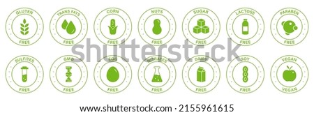 Free Allergy Ingredient Silhouette Green Stamp Set. Label. No Soy, Transfat, Nut, Gluten, Corn, Dairy, Sugar, Paraben, Nitrates Outline Logo. Vegan Food Icon. Isolated Vector Illustration. Royalty-Free Stock Photo #2155961615