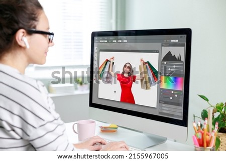 Mock-up software design. Professional female photographer works in photo editing app. Graphic designer retouching photos of beautiful woman. 