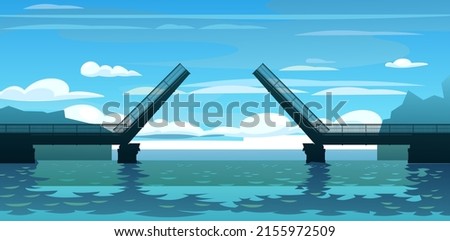 Drawbridge Bridge silhouette disclosed. Country landscape. Marine view. Transport road construction. Vector Royalty-Free Stock Photo #2155972509