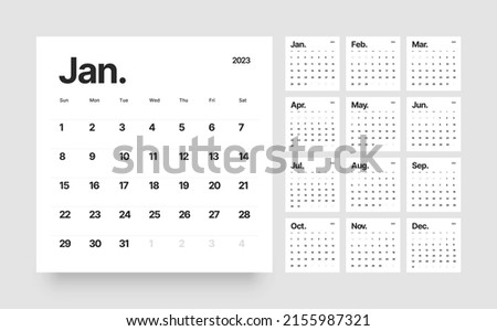 Classic monthly calendar for 2023. Calendar in the style of minimalist square shape. The week starts on Sunday. Royalty-Free Stock Photo #2155987321