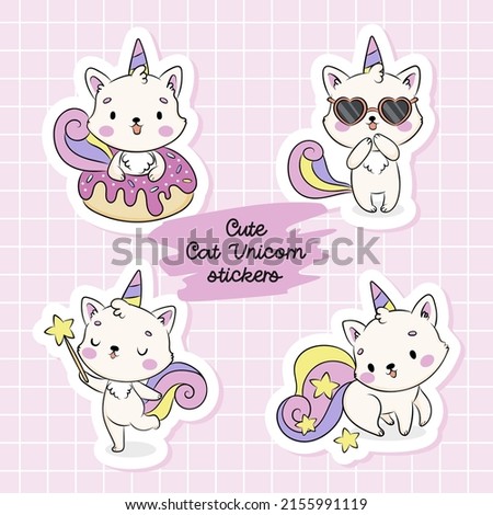 Cute cat unicorn cartoon characters stickers, funny collection for kids
