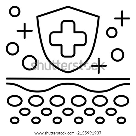 Simple linear icon of an epidermis with shield and cross. The concept of skin protection and care. Vector pictogram with thin lines isolated on transparent background. Line thickness editable
