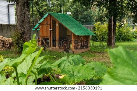 Beautiful chicken coops near a vegetable garden.  Translation: intervention area  Royalty-Free Stock Photo #2156030191