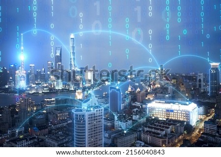 Technical picture of the concept of interconnection of all things in urban background