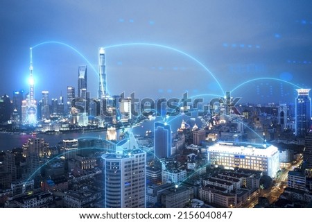 Technical picture of the concept of interconnection of all things in urban background Royalty-Free Stock Photo #2156040847