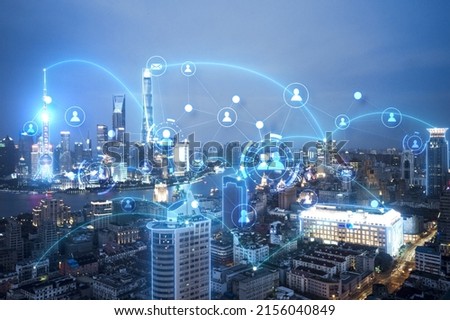 Technical picture of the concept of interconnection of all things in urban background Royalty-Free Stock Photo #2156040849