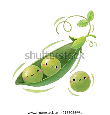 Watercolor cute peas cartoon character. Vector illustration. Royalty-Free Stock Photo #2156056991