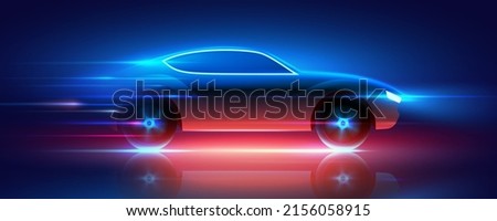 Fast moving sports car with blue and red glowing neon lights running at high speed, vector illustration.
