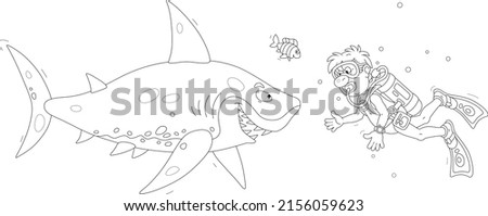 Funny scuba diver with a mask, flippers and an aqualung suddenly met a merry great white shark in a tropical sea, black and white vector cartoon illustration for a coloring book