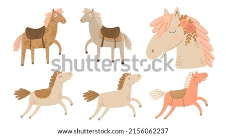 Cute horses on white background. Wild west hand drawn vector illustration.