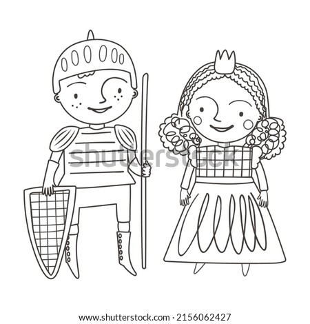 Coloring page with cute princess and knight on white background. Fairy tale black and white contour vector illustration for a coloring book.