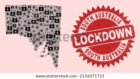 Vector pandemic lockdown composition South Australia map and scratched stamp seal. Lockdown red stamp seal uses sharp rosette form. Collage South Australia map is composed of virus, and lock icons.