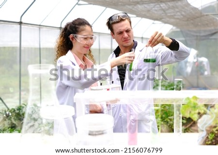 biological scientist American male researcher, Research Plant Varieties. Organic farming concept. working at bright greenhouse. Biologist or botanist recording information about plants.. Royalty-Free Stock Photo #2156076799