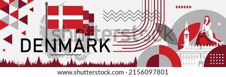 Denmark national day banner with Danish map, flag colors theme background and geometric abstract retro modern red white design. Copenhagen landmarks Vector Illustration. Royalty-Free Stock Photo #2156097801
