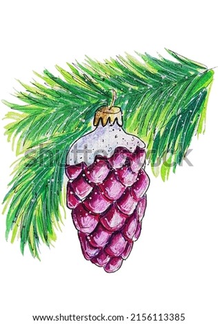Hand-drawn watercolor. Pink Christmas tree toy on a branch in the form of a cone. Isolated on a white background.