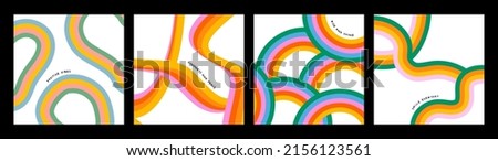 Retro 60s colorful rainbow cartoon illustration set with happy inspiration quote. Trendy vintage hippie art style background collection. Curvy pastel color 70s fashion print. Royalty-Free Stock Photo #2156123561