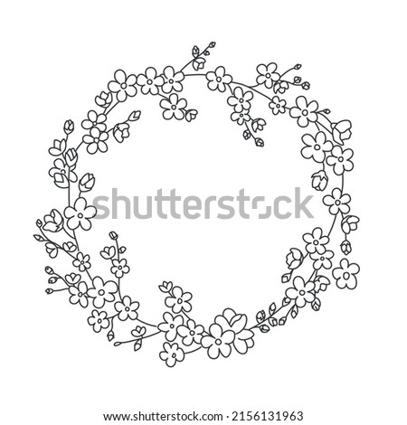 Circle of flowers. Flower decoration for greeting card. Hand drawn vector illustration. Black and white.