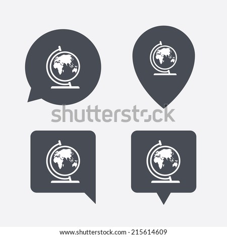 Globe sign icon. World map geography symbol. Globe on stand for studying. Map pointers information buttons. Speech bubbles with icons. Vector
